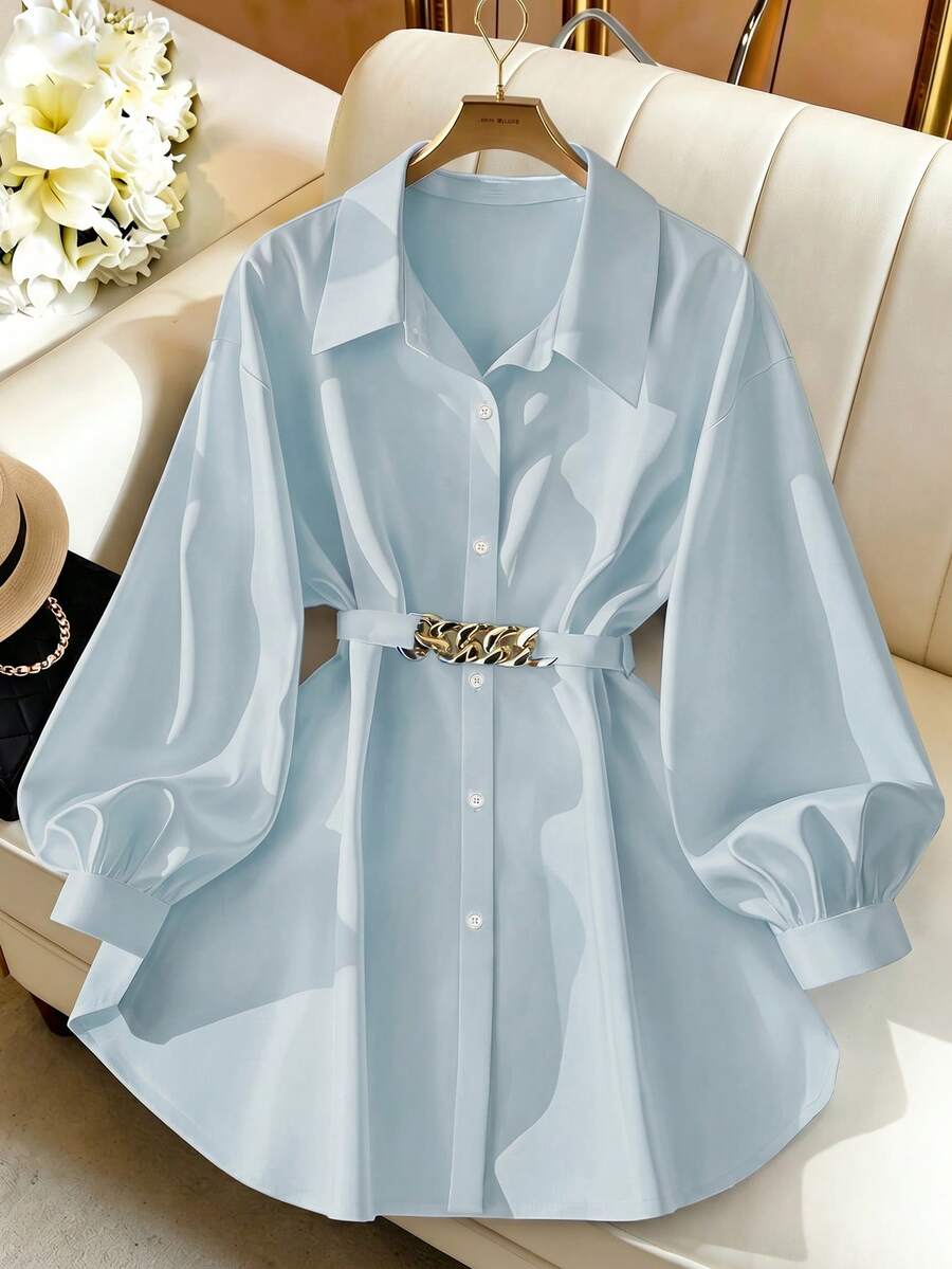 Qadelle Women's Casual Commute Solid Color Lantern Sleeve Blouse Fall Cloth For Women - Baby Blue - View 1
