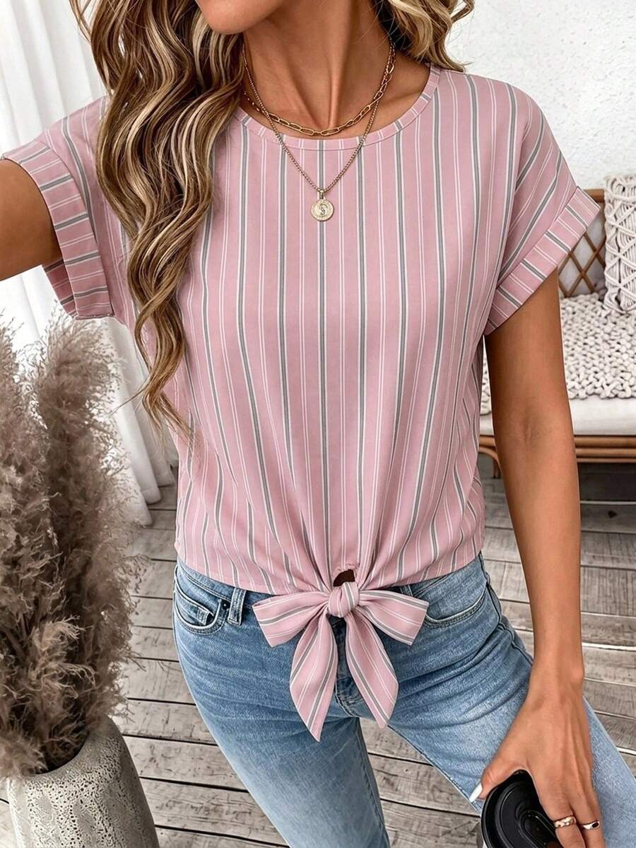 EMERY ROSE Áo top mùa hè in họa tiết nữ: Áo thun thắt nơ trước dễ thương, phù hợp cho các buổi đi chơi thường ngày, áo khoác ngoài thường ngày nữ - Nhiều màu - Xem 1