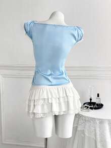 Sweetra Áo kiểu nữ size lớn phong cách vintage phối màu block, thiết kế 2 trong 1 phối ren, chiết eo - Màu xanh nhạt - Xem 2