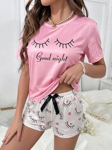 SHEIN 女士休闲舒适短袖T恤短裤睡衣套装 - 彩色 - 查看 3
