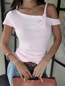Yunfilé Women's Solid Color Off-Shoulder Ruched Fitted Casual Elegant Sexy T-Shirt Night Out Pink Summer - Pink - View 5