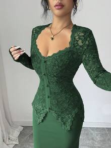 Modelyn Square Neck Lace Patchwork Button Waist Fitted Midi Dress For Women - Dark Green - View 5