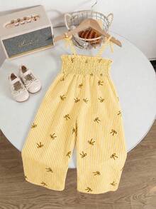 SHEIN Genkimix Kids Young Girls' Vintage Bohemian Spaghetti Strap Jumpsuit, Yellow Bow Print, Suitable For Spring, Summer, Party, Outing, Vacation - Yellow - View 3