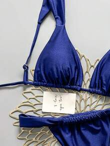 Swim Basics 女款素色性感夏季海灘比基尼套裝 - 藍色 - 查看 3