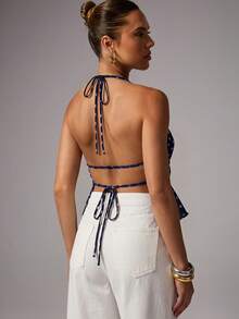 Blusa con cuello halter, espalda descubierta y lazo, con estampado de lunares en gasa - Multicolor 3 - Ver 5