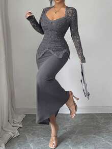 Modelyn Lace Patchwork Button Waist Fitted Plus Size Women Dress - Grey - View 3