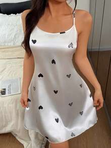 Napfluff Printed Faux Silk Strap Nightgown With Heart Pattern - White - View 6