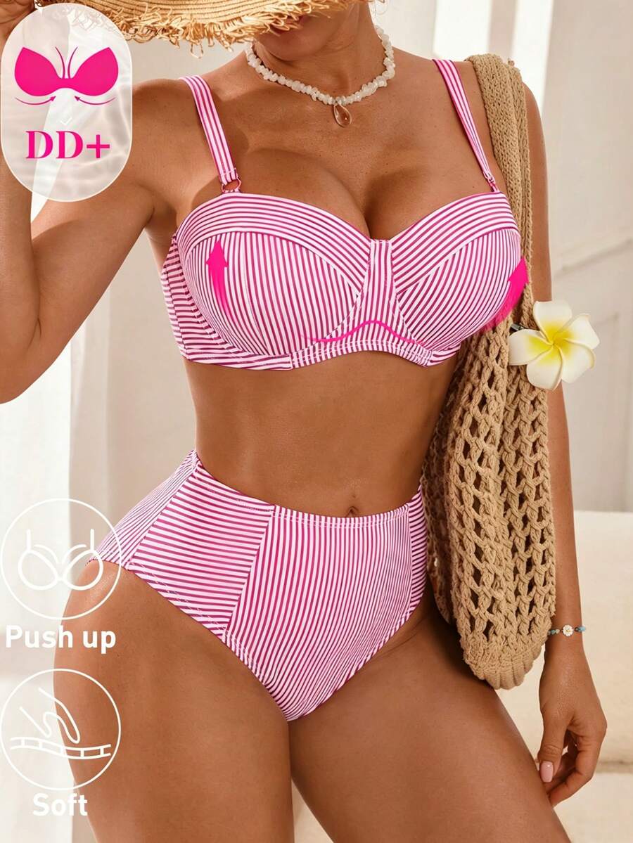 Swim DD+ Women's Blue Striped Underwire DD+ Cup Supportive Bust Enhancing Slimming 2-Piece Swimwear, Suitable For Beach & Holiday - Multicolor - View 1