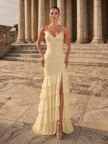 Glamrae Elegant Stylish Light Yellow Sequined Embroidered Chiffon Halter Top With Back Tie Slit Multi-Tiered Cake Skirt; Formal Evening Gown For - Light Yellow - View 4