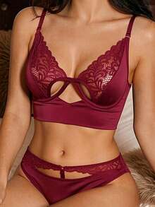 Slumberist Contrast Lace Underwire Lingerie Set - Burgundy - View 1