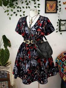 Sunspun Plus-Size Women's V-Neck All-Over Print Casual Party Dress - Multicolor - View 5