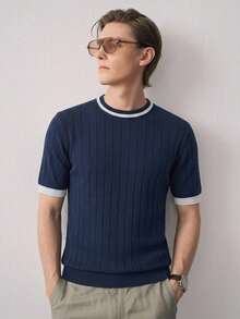 Manfinity CityGents 男士圆领短袖罗纹休闲针织上衣 - 藏蓝色 - 查看 1