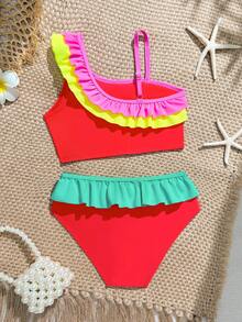 Young Girls Bikini Sets, 4 Colors Available, Cute Double-Layer Ruffled Shoulder Strap, Adjustable Strap, Ruffled Triangle Bottoms, 2-Piece Swimwear Set, Fashionable Casual Elegant, Suitable For Swimming, Summer Vacation, Beach, Pool, Holiday Party - Multicolor - View 2