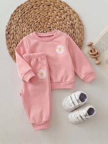 SHEIN Newborn Baby Girl Casual Comfortable Loose Fit Cartoon Print Pullover Winter Outfit Set - Pink - View 4