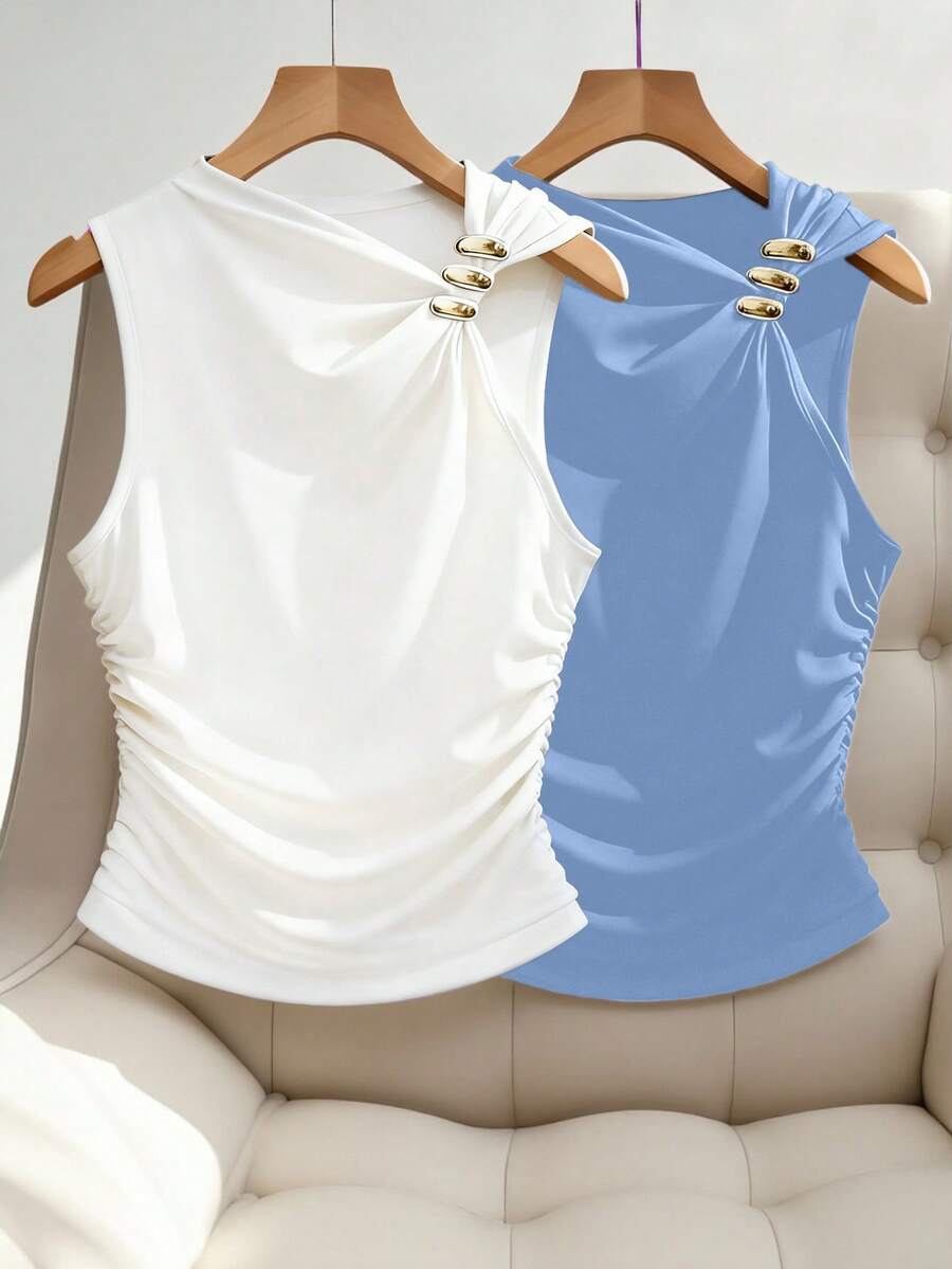 GlowEve CURVE Plus Size Women Elegant Metal Buckle Two Pieces Asymmetric Camisole Set - Multicolor - View 1