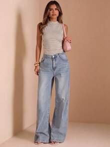 SHEIN BAE Style minimaliste décontracté Combinaison femme à col montant sans manches avec imprimé de fines rayures sur fond abricot. Polyvalente pour le printemps/été - Multicolore - Voir 4