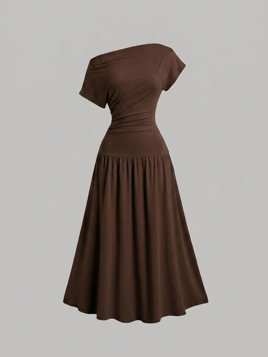 Sweetra Women's Solid Color Ruched Asymmetrical Shoulder Elegant Waist Gathering Party Mini Dress - Brown - View 1