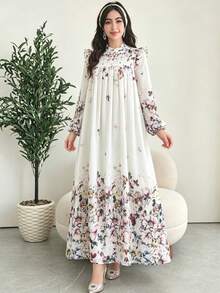 Al Najma Vestido elegante con patrón floral fruncido con pañuelo para la cabeza - Multicolor - Ver 2