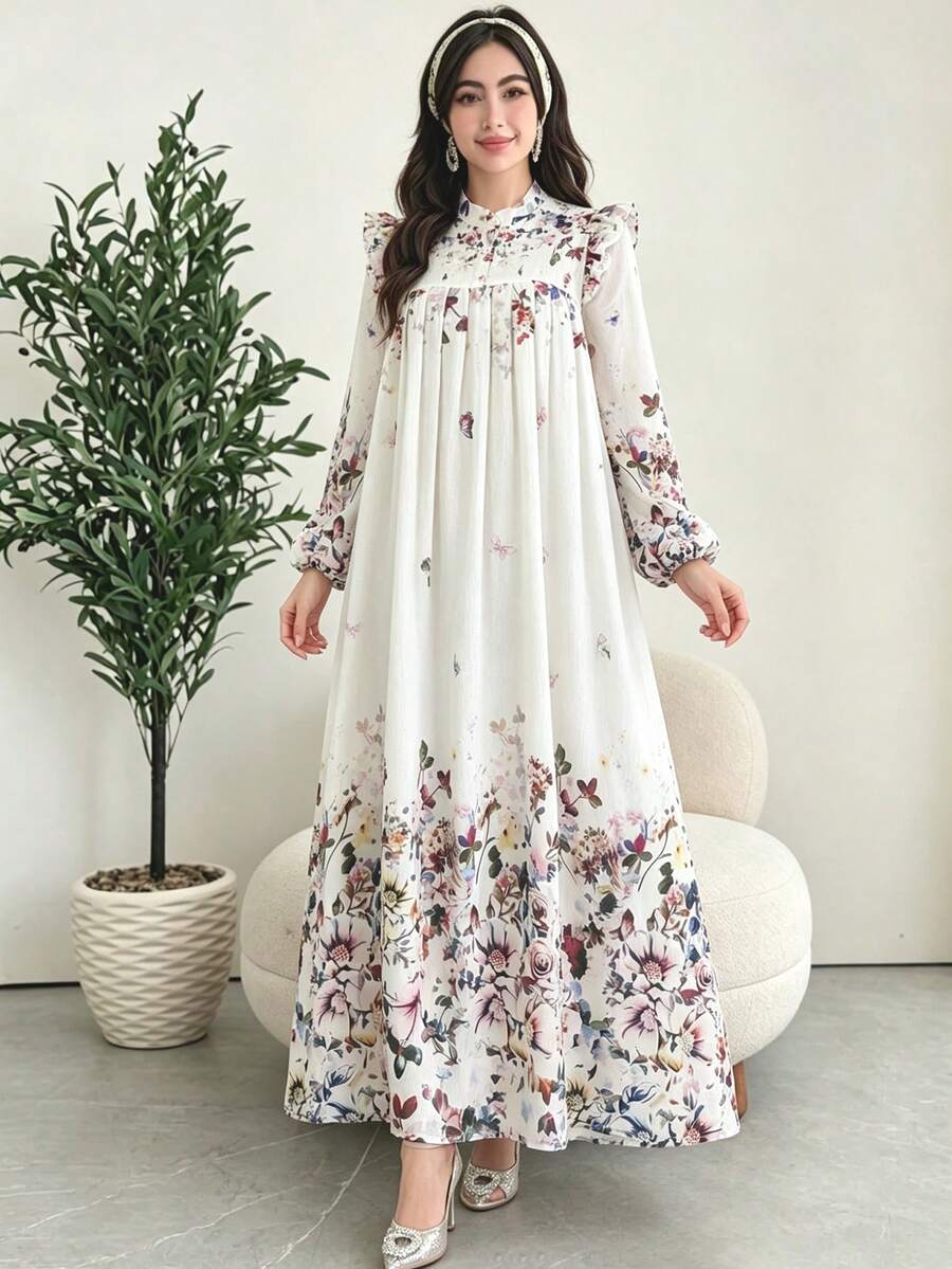 Al Najma Vestido elegante con patrón floral fruncido con pañuelo para la cabeza