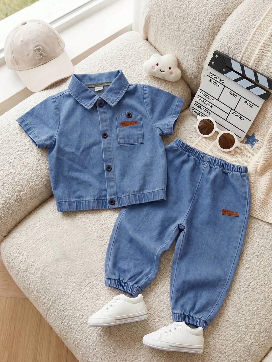 SHEIN Playful Pals 2pcs Toddler Casual Washed Denim Shirt Set, Including Short Sleeve Collared Shirt And Cuffed Pants, Lightweight Denim Outfit Suitable For Baby Boy Daily Wear In Summer - Blue - View 1