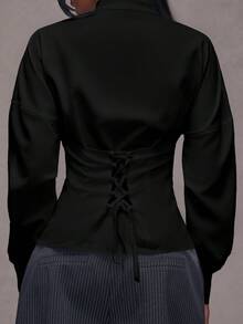 NYA SZN 女士纯色简约长袖上衣，休闲装 - 黑色 - 查看 2