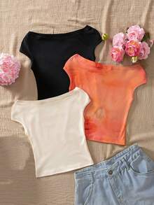 Sparklyn 3pcs/Set Tween Girls Vacation Tight Off Shoulder Multicolor T-Shirts - Multicolor - View 2