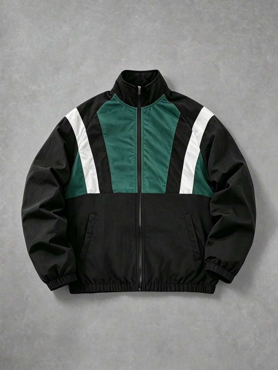Manfinity EMRG Chaqueta casual de manga larga con cremallera, cuello alto y empalme de color contrastante para hombre - Verde - Ver 1