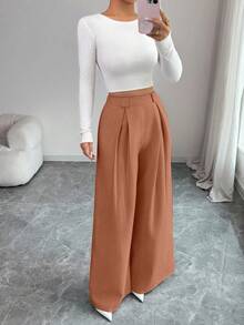 SHEIN Elenzya 女士纯色褶裥休闲百搭日常裤 - 棕色 - 查看 5