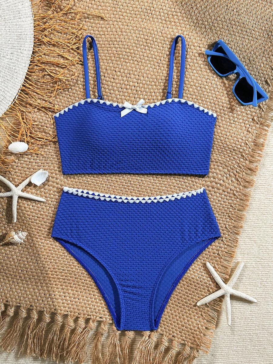 SHEIN Tween Girl Elegant Minimalist Bikini Set, Polka Dot Textured Fabric Children's Swimwear, Suitable For Vacation, Beach, Swimming, An Ideal Choice For Teenage Summer Swimwear, Two-Piece Bikini Swimwear - Multicolor - View 1