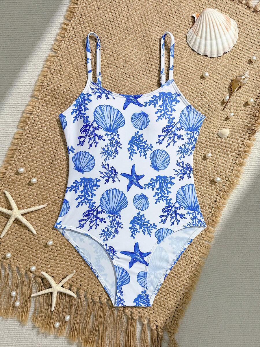 SHEIN 少女休闲贝壳印花连体泳衣,时尚优雅,适合游泳、夏季度假、海滩、泳池、节日派对等场合。 - 彩色 - 查看 1
