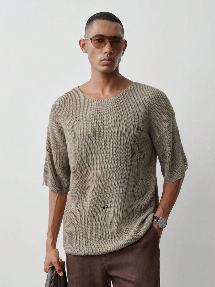MENRIVO Men's Solid Color Distressed Short Sleeve Knit Top - Camel - View 1