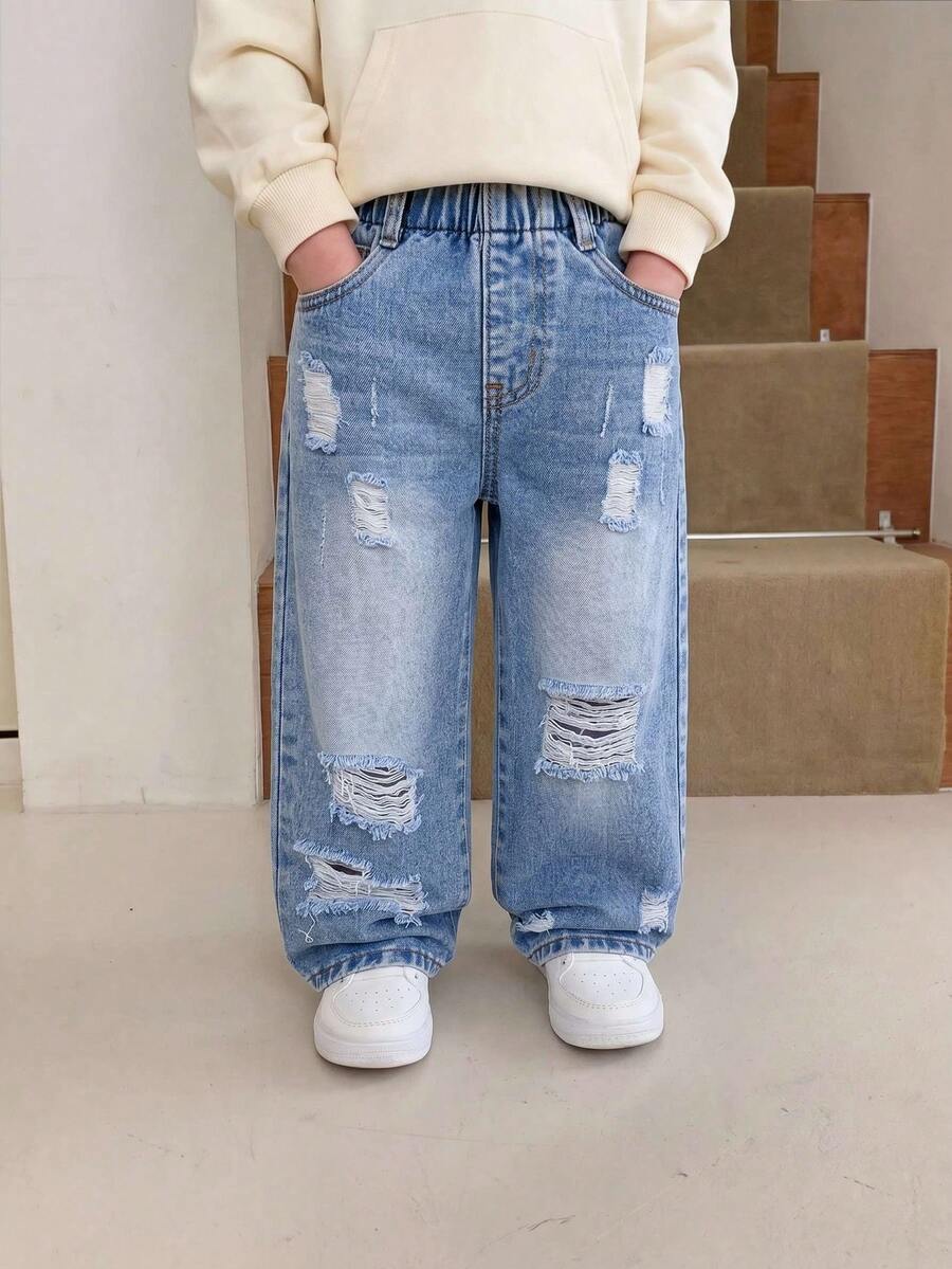 Genkimix Kids 小男孩夏季牛仔褲街頭風淺藍色丹寧復古水洗破洞磨損毛邊彈性腰帶寬鬆大腿版型舒適棉質牛仔柔軟親膚日常百搭適合上學日常出遊夏季穿著
