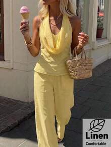 Aloruh Women's Summer Holiday Solid Color Textured Halter Top And Pants 2 Pieces Set Vacation Yellow Casual - Khaki - View 2