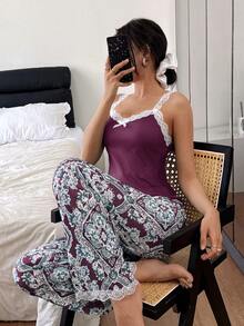 SHEIN 花卉印花蕾丝边吊带背心和裤子女士睡衣套装 - 紫色 - 查看 5