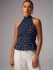 Blusa con cuello halter, espalda descubierta y lazo, con estampado de lunares en gasa - Multicolor 3 - Ver 6