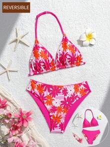 SHEIN Tween Girl Fuchsia Floral & Leaf Print Reversible Halter Bikini Set, Vacation Style Suitable For Beach, Summer, Holiday, Swimming Pool Party - Hot Pink - View 4