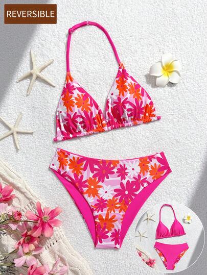 SHEIN Bộ bikini dây đeo cổ đảo ngược họa tiết hoa & lá màu hồng fuchsia cho bé gái tuổi teen, phong cách nghỉ dưỡng phù hợp cho bãi biển, mùa hè, kỳ nghỉ, tiệc bể bơi