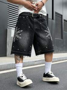 GALLERY FADE Pantalones cortos de mezclilla casual con bolsillos y adornos de diamante de imitación para hombres - Negro - Ver 4