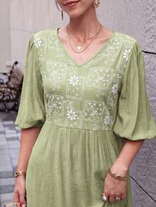 Mulvari Women's French Blue V-Neck Embroidered Petal Sleeve Loose Midi Dress - Green - View 1