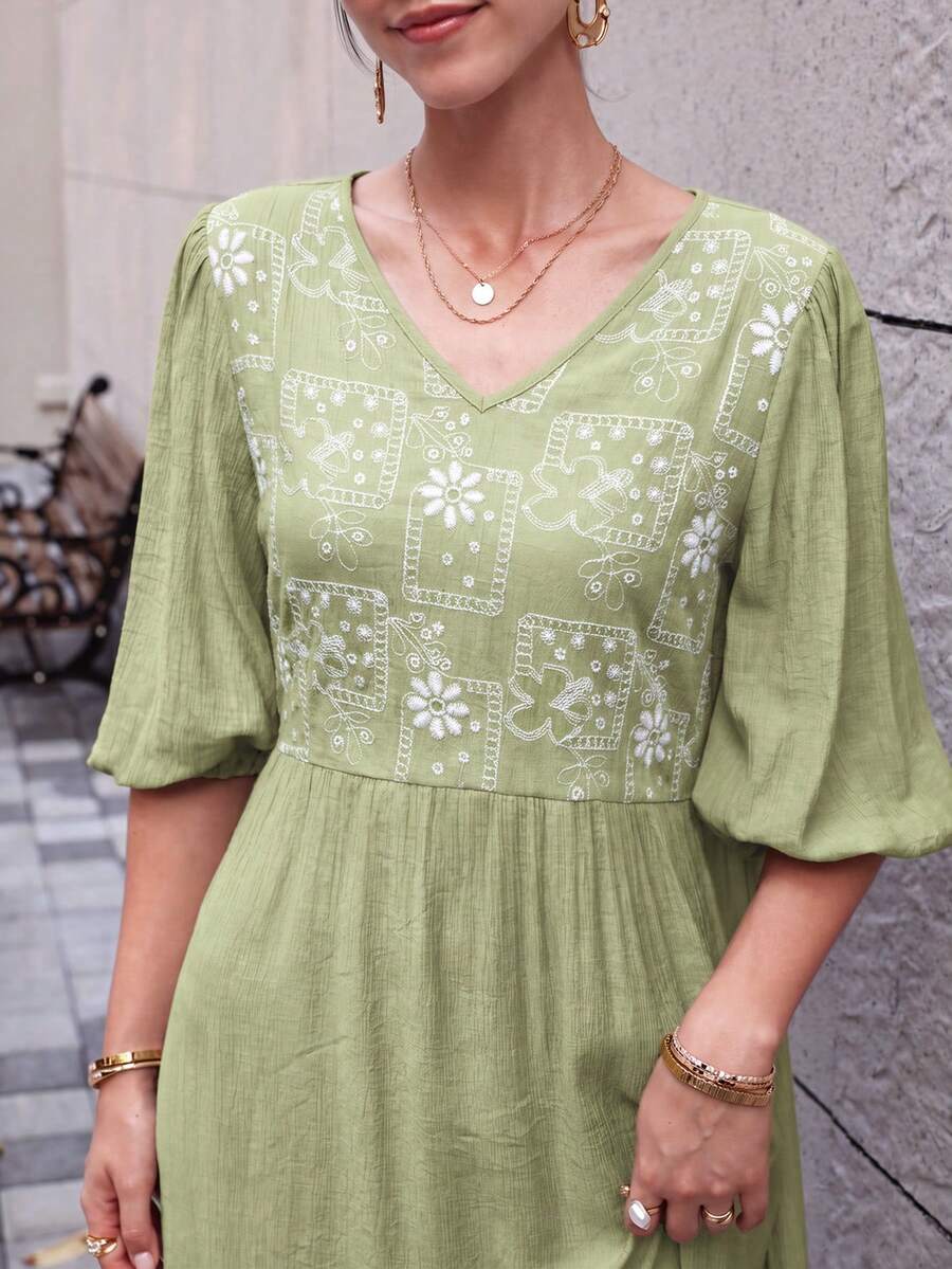 Mulvari Women's French Blue V-Neck Embroidered Petal Sleeve Loose Midi Dress - Green - View 1