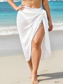 SHEIN Swim 大码女式夏季海滩度假波西米亚风纯色毛球饰边裹身系带罩衫及半身裙套装 - 白色 - 查看 4
