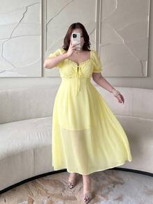 Vibekara 大码女士优雅性感V领收腰连衣裙，适合外出和日常穿着，夏季 - 淡黃色 - 查看 6