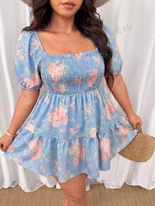 Vionelle Plus Size Women Floral Print Ruched Square Neck Party Dress - Baby Blue - View 4