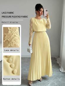 Modelyn Spring & Summer Elegant Contrast Lace Long Sleeve Round Neck Pleated Midi Dress - Yellow - View 1
