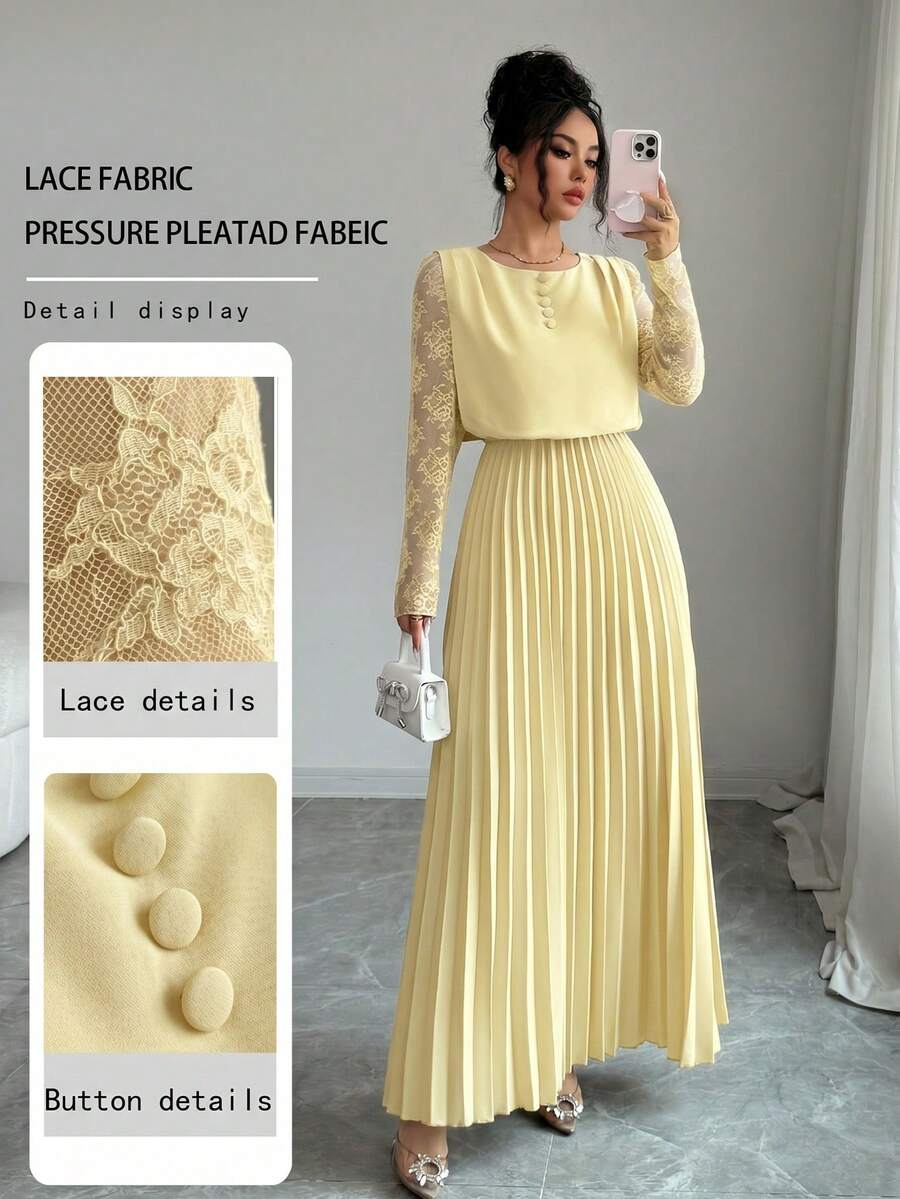 Modelyn Spring & Summer Elegant Contrast Lace Long Sleeve Round Neck Pleated Midi Dress - Yellow - View 1