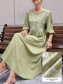 Mulvari Women's French Blue V-Neck Embroidered Petal Sleeve Loose Midi Dress - Green - View 7