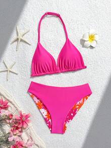 SHEIN Tween Girl Fuchsia Floral & Leaf Print Reversible Halter Bikini Set, Vacation Style Suitable For Beach, Summer, Holiday, Swimming Pool Party - Hot Pink - View 3