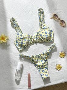 Swim Mod Women's Random Print Ruched High Cut Sexy Bikini Set, Summer - Multicolor - View 1