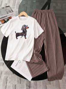 SHEIN Tween女孩2件套，白色小狗印花T恤搭配棕色條紋休閒直筒長褲，簡約寬鬆舒適，精緻小狗印花裝飾T恤，適合日常穿著，輕鬆穿出隨性高級感T恤套裝 - 棕色 - 查看 4