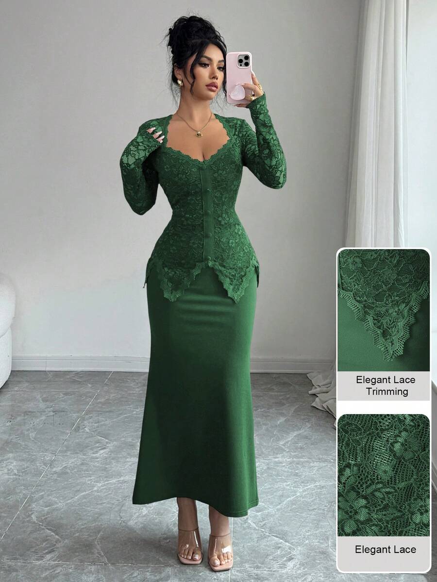 Modelyn Square Neck Lace Patchwork Button Waist Fitted Midi Dress For Women - Dark Green - View 1